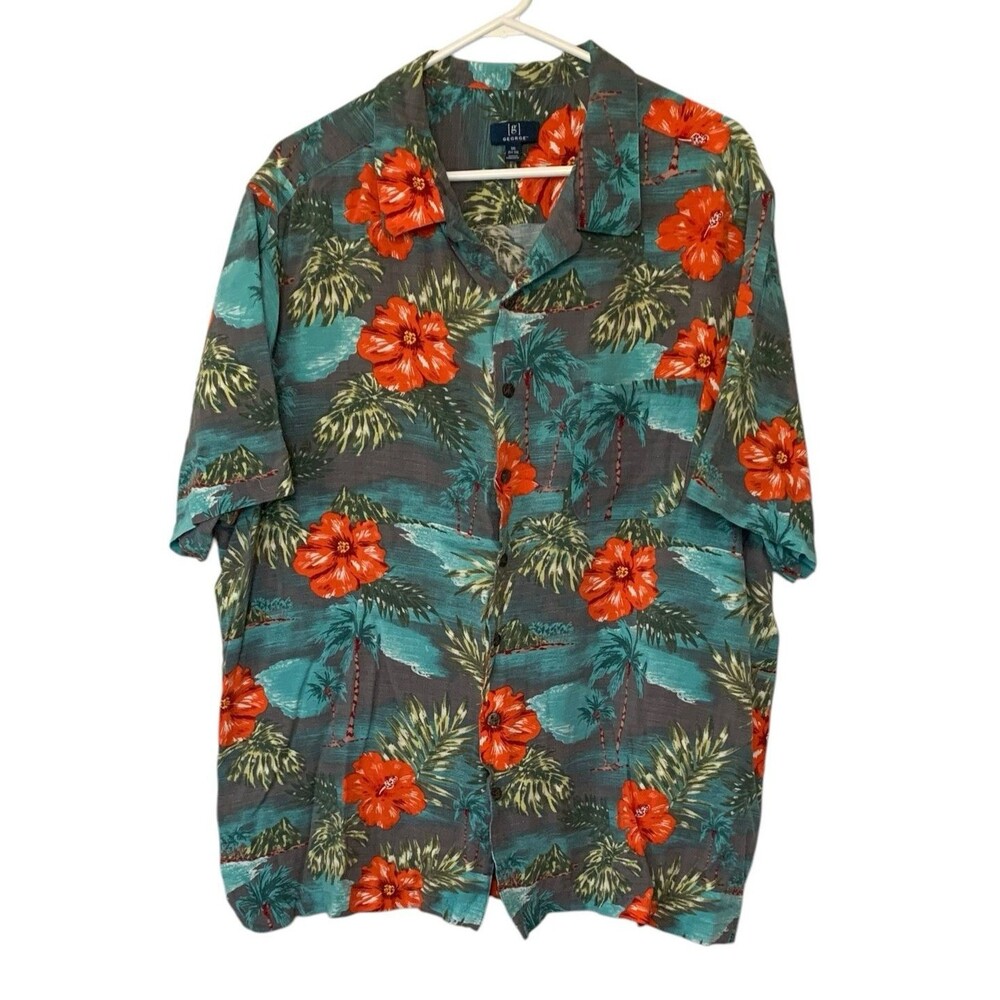 GEORGE Hawaiian Shirt Mens Size 3XL Short Sleeve Lightweight Orange Blue Green